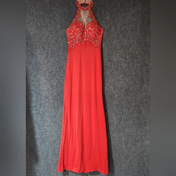 JJs House | Dresses | Jjs House Redorange Long Lace Sequin Halterneck  Womens Dress Sz 67 | Poshmark